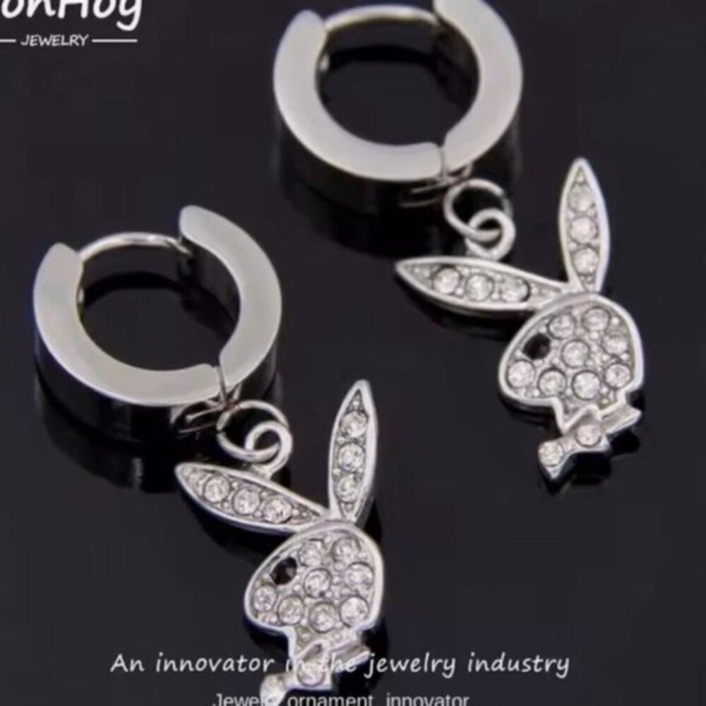 Silver Rhinestone Playboy Bunny Lolita Charm Bunny Earrings